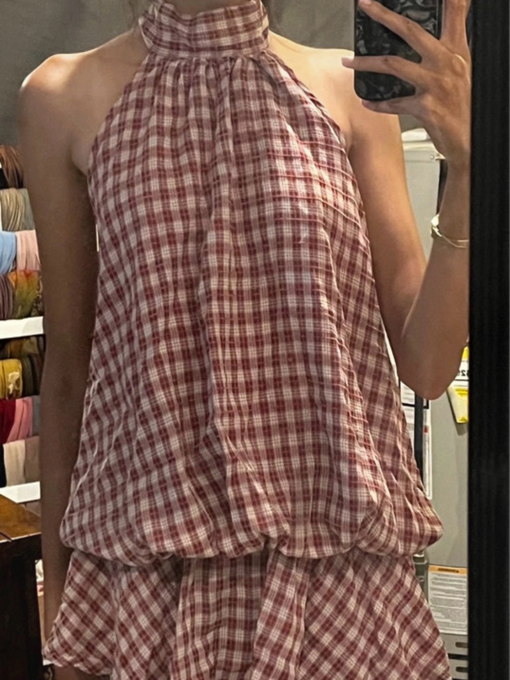 Red Plaid Romper Halter Neck Dress